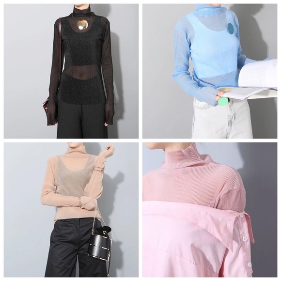 💜 ‼️LAST CALL PRICE FIRM Sheer Layering Pleated Stretch Mock Neck Top - Picture 3 of 8